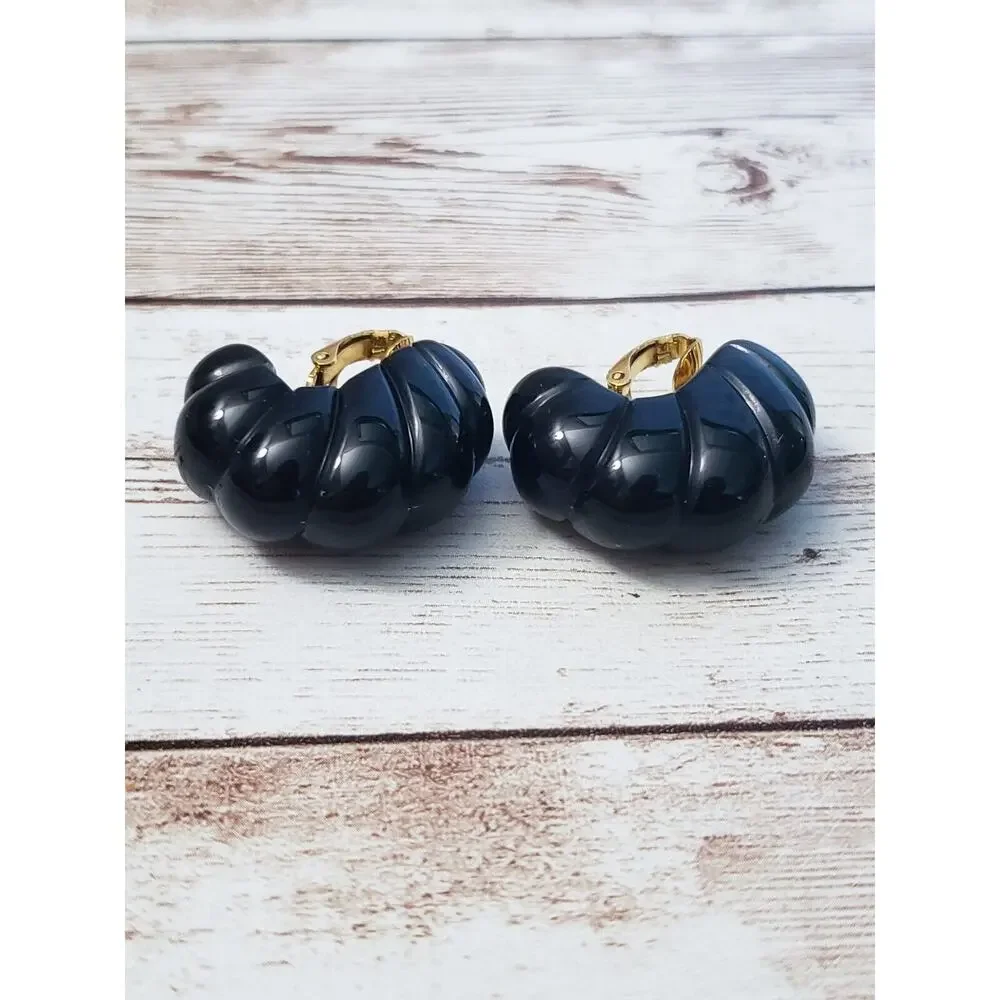 Vintage Clip On Earrings - Chunky Ribbed Black Hoops Large 1 & 1/8